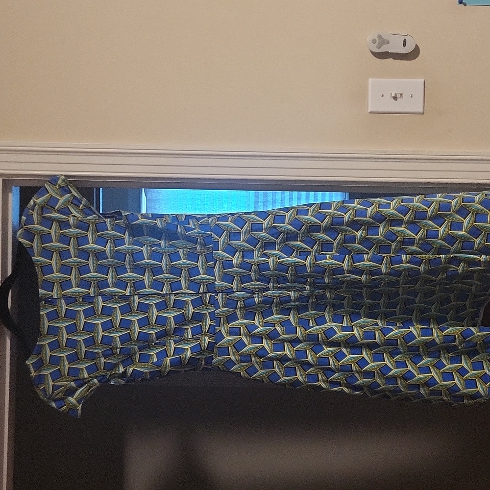 A patterned blue, turquoise,  yellow & black dress. - Picture 2 of 5